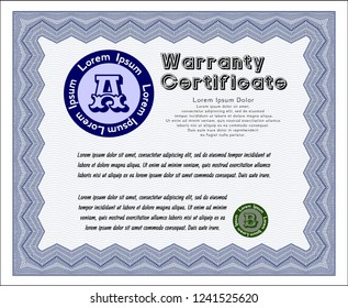 Blue Warranty Certificate template. Artistry design. Vector illustration. Easy to print. 