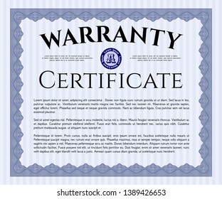 Blue Warranty Certificate template. Artistry design. Printer friendly. Detailed. 