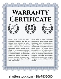 Blue Warranty Certificate template. Artistry design.  Easy to print.  Vector illustration. 