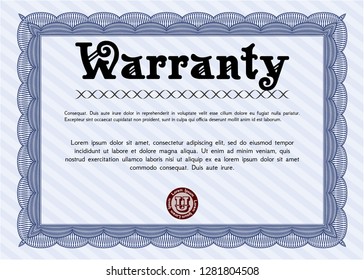Blue Warranty Certificate template. With background. Detailed. Superior design. 