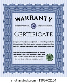 Blue Warranty Certificate template. Beauty design. Customizable, Easy to edit and change colors. With guilloche pattern. 