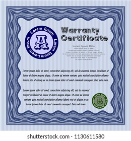 Blue Warranty Certificate template. With complex linear background. Detailed. Perfect design. 