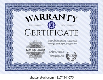 Blue Warranty Certificate template. Complex background. Vector illustration. Modern design. 