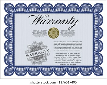 Blue Warranty Certificate template. Complex background. Detailed. Money design. 