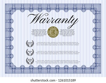 Blue Warranty Certificate template. With complex linear background. Cordial design. Detailed. 