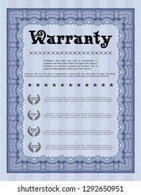 Blue Warranty Certificate template. With complex linear background. Cordial design. Detailed. 