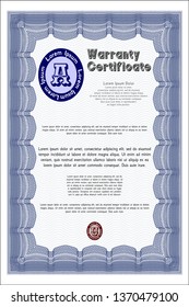 Blue Warranty Certificate template. With complex linear background. Detailed. Cordial design. 