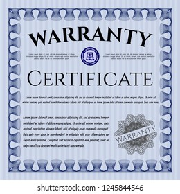 Blue Warranty Certificate template. Customizable, Easy to edit and change colors. Complex background. Cordial design. 