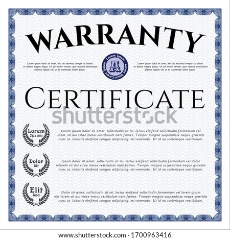 Blue Warranty Certificate template. Customizable, Easy to edit and change colors. Complex background. Good design. 