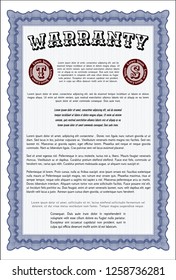 Blue Warranty Certificate template. Detailed. With guilloche pattern. Lovely design. 