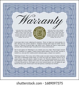 Blue Warranty Certificate template. Detailed. With great quality guilloche pattern. Perfect design. 