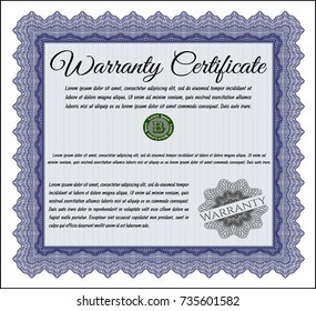 Blue Warranty Certificate template. Detailed. With guilloche pattern and background. Perfect design. 