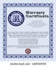 Blue Warranty Certificate template. Easy to print. Good design. Customizable, Easy to edit and change colors. 