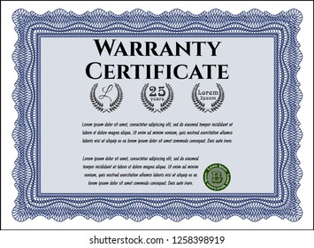 Blue Warranty Certificate template. Elegant design. With linear background. Customizable, Easy to edit and change colors. 