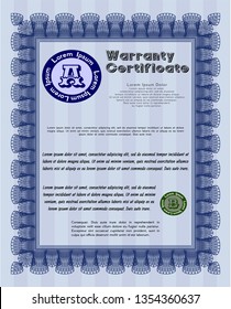 Blue Warranty Certificate template. Excellent design. Vector illustration. With linear background. 
