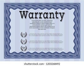 Blue Warranty Certificate template. With guilloche pattern. Nice design. Customizable, Easy to edit and change colors. 