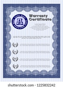 Blue Warranty Certificate template. With guilloche pattern. Detailed. Sophisticated design. 