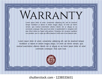 Blue Warranty Certificate template. With guilloche pattern. Money style design. Vector illustration. 