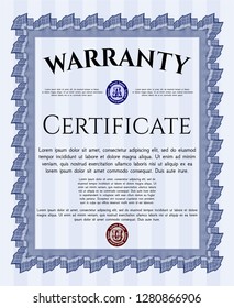 Blue Warranty Certificate template. With guilloche pattern. Money style design. Detailed. 