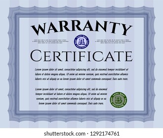 Blue Warranty Certificate template. With guilloche pattern. Customizable, Easy to edit and change colors. Elegant design. 