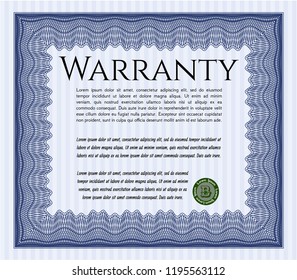 Blue Warranty Certificate template. With linear background. Money Pattern design. Detailed. 