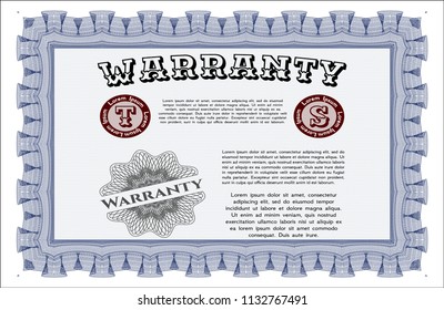 Blue Warranty Certificate template. Lovely design. Printer friendly. Detailed. 