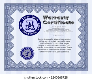 Blue Warranty Certificate template. Lovely design. Vector illustration. With linear background. 