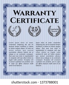 Blue Warranty Certificate template. Lovely design. With guilloche pattern and background. Vector illustration. 
