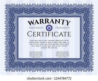 Blue Warranty Certificate template. Modern design. Vector illustration. With complex linear background. 