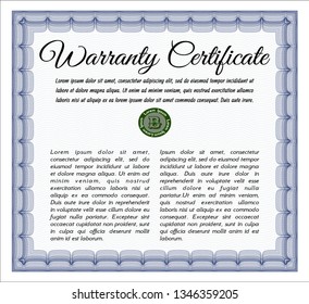 Blue Warranty Certificate template. Money style design. With background. Customizable, Easy to edit and change colors. 