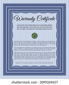 Blue Warranty Certificate template. Money design.  Printer friendly.  Vector illustration. 