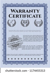 Blue Warranty Certificate template. Nice design. Customizable, Easy to edit and change colors. With guilloche pattern and background. 