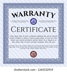 Blue Warranty Certificate template. Nice design. With guilloche pattern. Vector illustration. 