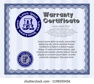Blue Warranty Certificate template. Perfect design. With guilloche pattern and background. Customizable, Easy to edit and change colors. 