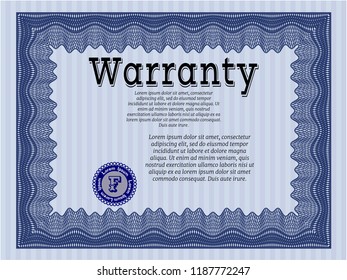 Blue Warranty Certificate template. Printer friendly. Vector illustration. Cordial design. 