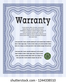 Blue Warranty Certificate template. Printer friendly. Money style design. Detailed. 