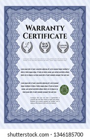 Blue Warranty Certificate template. With quality background. Sophisticated design. Detailed. 