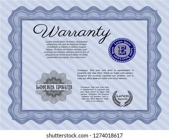 Blue Warranty Certificate template. Sophisticated design. With great quality guilloche pattern. Customizable, Easy to edit and change colors. 