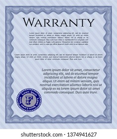 Blue Warranty Certificate template. Superior design. Vector illustration. With guilloche pattern. 