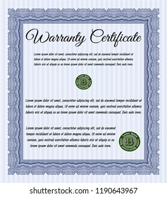 Blue Warranty Certificate template. Vector illustration. With background. Sophisticated design. 