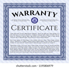 Blue Warranty Certificate template. Vector illustration. With background. Good design. 