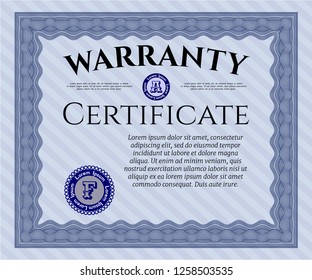 Blue Warranty Certificate template. Vector illustration. With complex background. Excellent design. 
