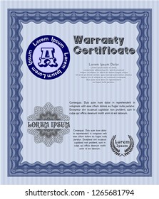 Blue Warranty Certificate template. Vector illustration. Complex background. Good design. 