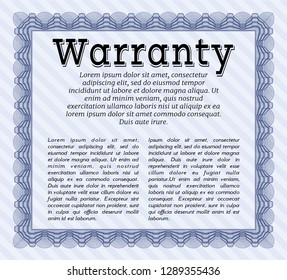 Blue Warranty Certificate template. Vector illustration. With great quality guilloche pattern. Retro design. 