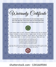 Blue Warranty Certificate template. Vector illustration. With guilloche pattern and background. Modern design. 