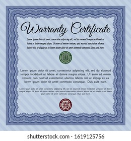 Blue Warranty Certificate template. Vector illustration. With complex background. Sophisticated design. 