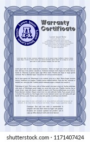 Blue Warranty. With complex background. Elegant design. Vector illustration. 