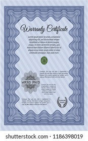 Blue Warranty. With complex linear background. Sophisticated design. Detailed. 
