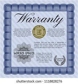 Blue Warranty. Elegant design. Detailed. With complex linear background. 
