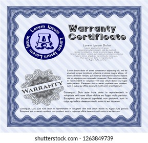 Blue Warranty. Good design. Vector illustration. With complex linear background. 